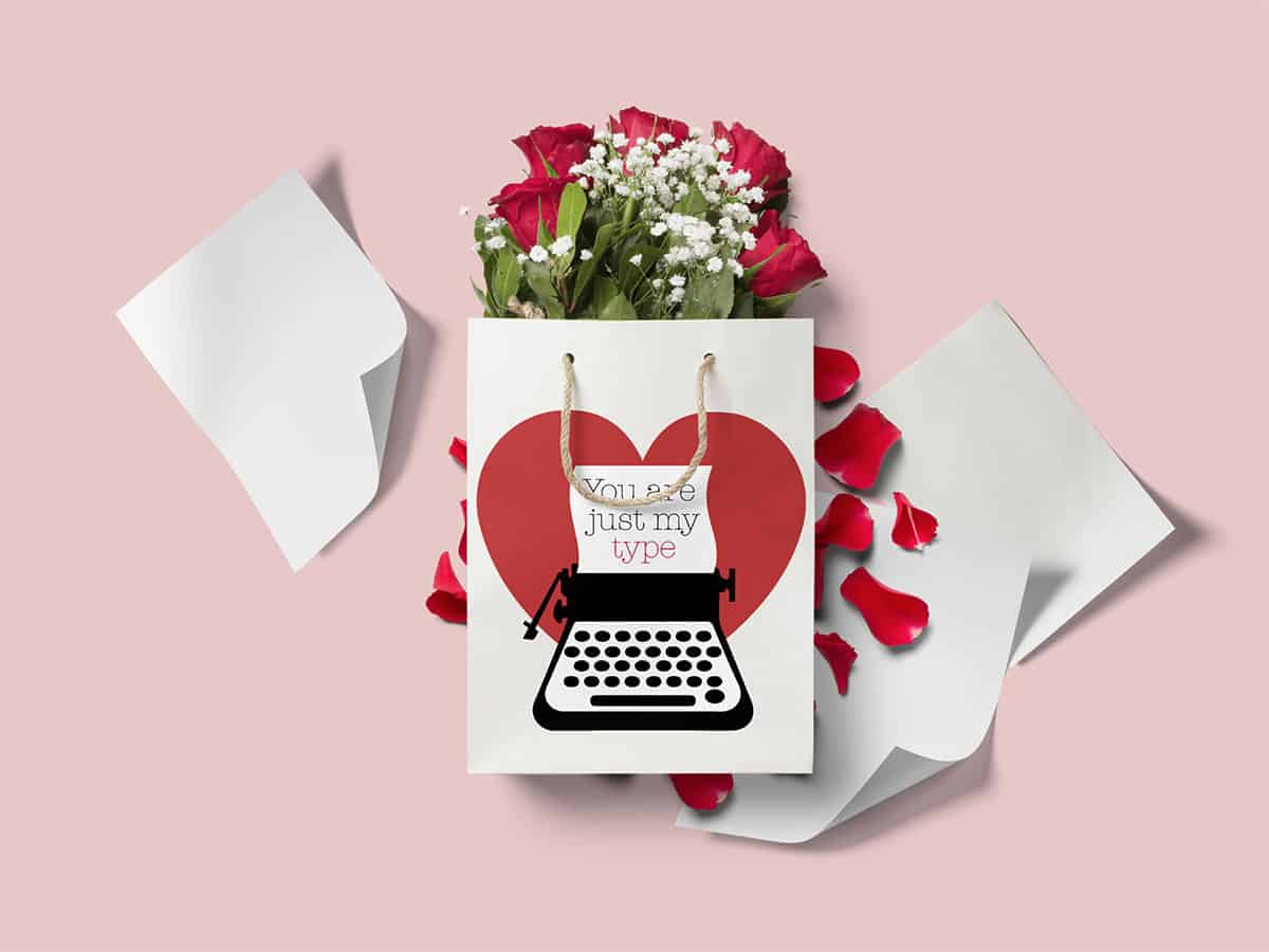 An illustrated paper bag with the words "You are just my type", surrounded by roses and blank papers on a light pink background.
