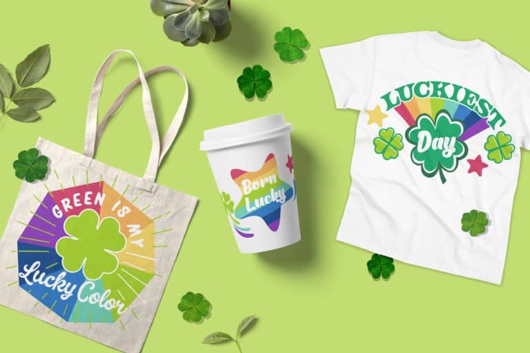 From above, a Saint Patrick's day table setting with a coffee paper cup, a white t-shirt and a tote bag, all with St. Patrick's Day illustrations