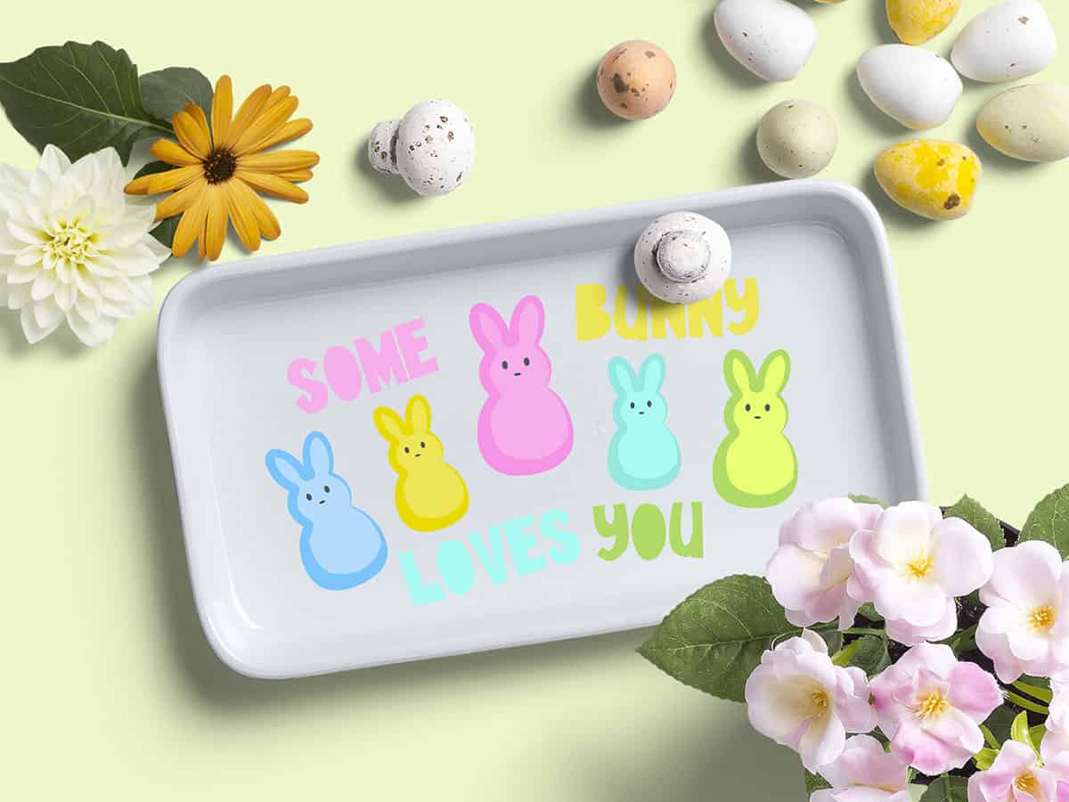 Top view of a white tray illustrated with five bunnies and playful typography saying "Some bunny loves you" surrounded by flowers and eggs