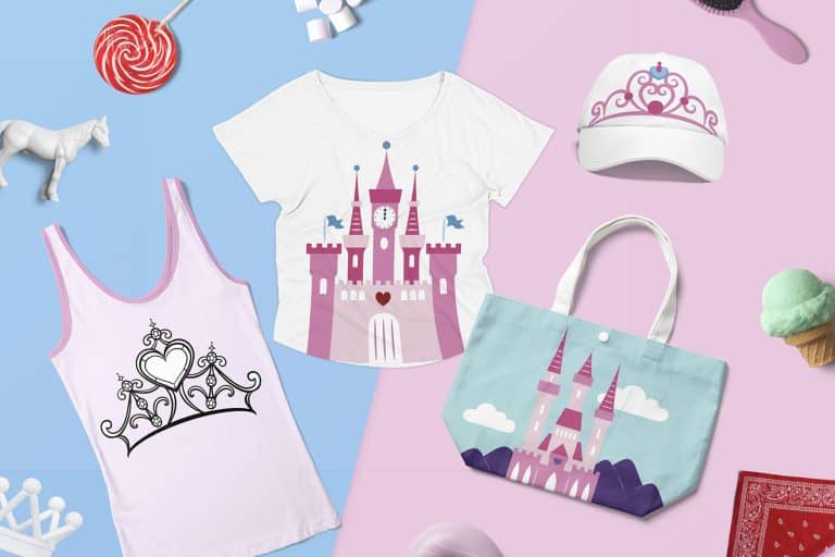 Children's apparel and accessories with a castle and crown theme displayed on a split pink and blue background.