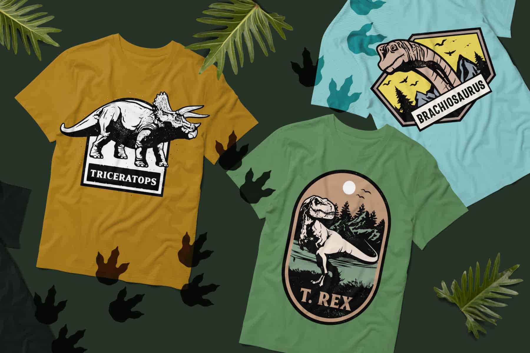Assortment of dinosaur-themed T-shirts in various colors and designs.
