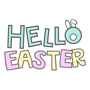 Pastel-colored 'Hello Easter' text with stylized bunny ears on the 'O', for a free Hello Easter Bunny Ears SVG.